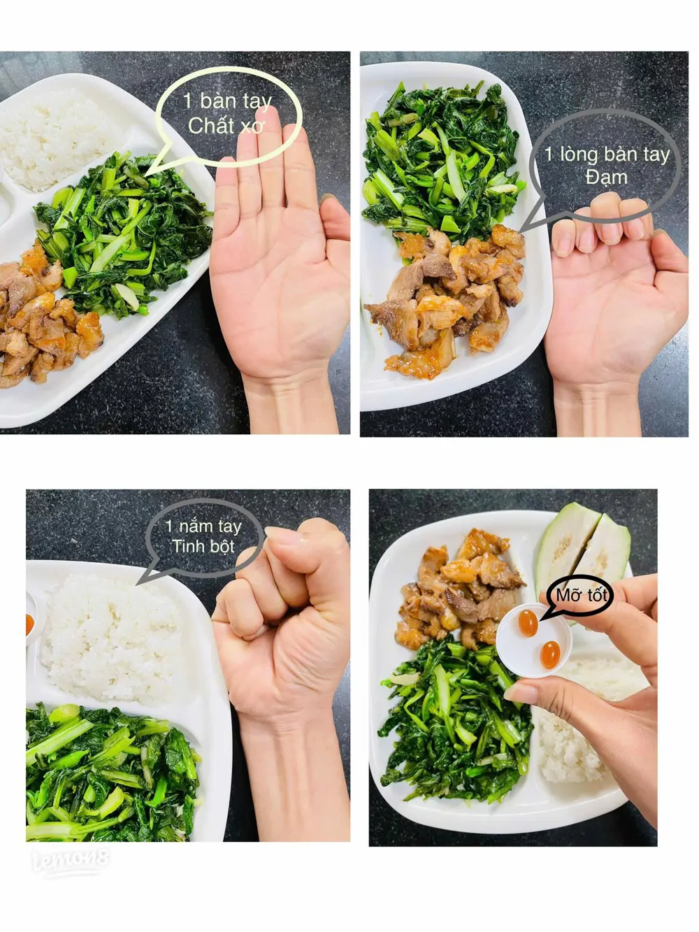 Ước lượng khẩu phần bằng bàn tay: 1 bàn tay chất xơ, 1 lòng bàn tay đạm, 1 nắm tay tinh bột, mỡ tốt